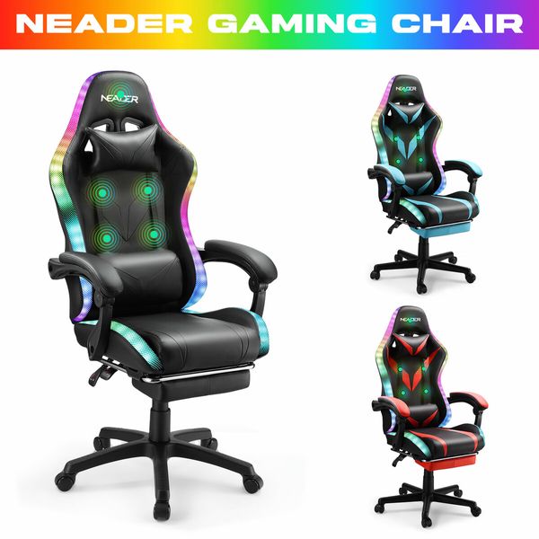 Gaming Office Chair RGB LED Racing Massage PU Computer Seat Bluetooth Speaker Headrest Retractable Footrest Comfortable Armchair Recliner Black