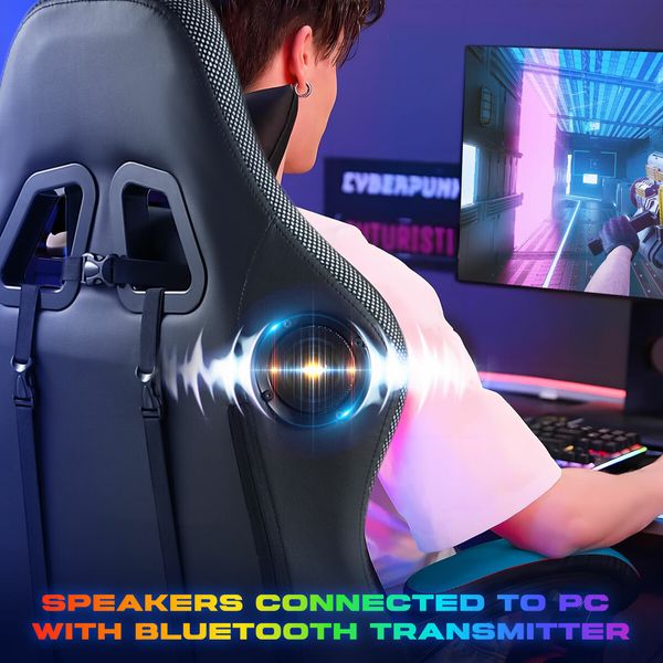 Gaming Office Chair RGB LED Racing Massage PU Computer Seat Bluetooth Speaker Headrest Retractable Footrest Comfortable Armchair Recliner Black