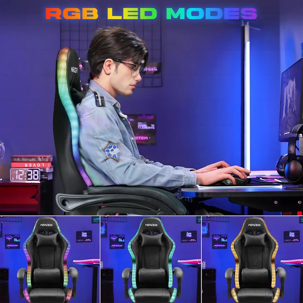 Gaming Office Chair RGB LED Racing Massage PU Computer Seat Bluetooth Speaker Headrest Retractable Footrest Comfortable Armchair Recliner Black