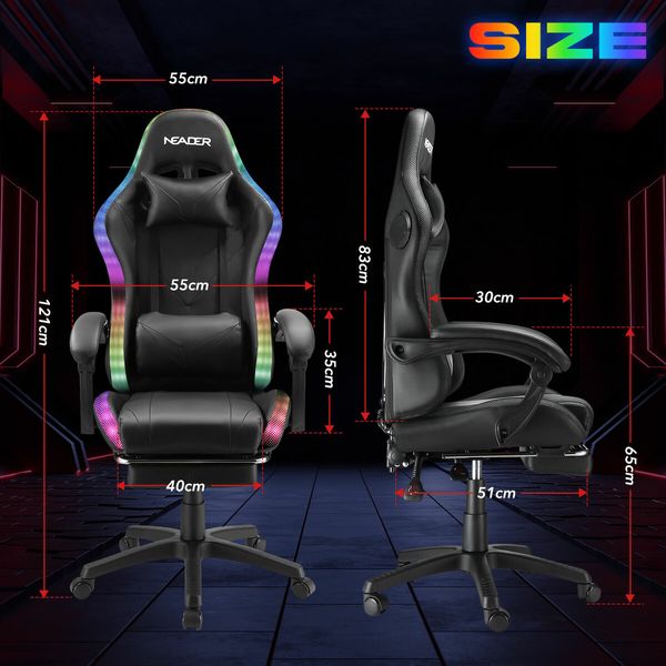 Gaming Office Chair RGB LED Racing Massage PU Computer Seat Bluetooth Speaker Headrest Retractable Footrest Comfortable Armchair Recliner Black