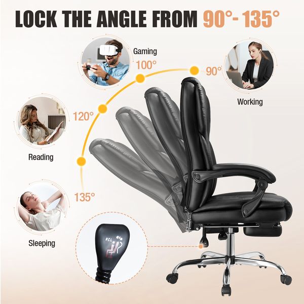 Massage Office Chair Heated Executive Computer Desk PU Leather Work Seat Comfortable Ergonomic Recliner High Back Retractable Footrest Black