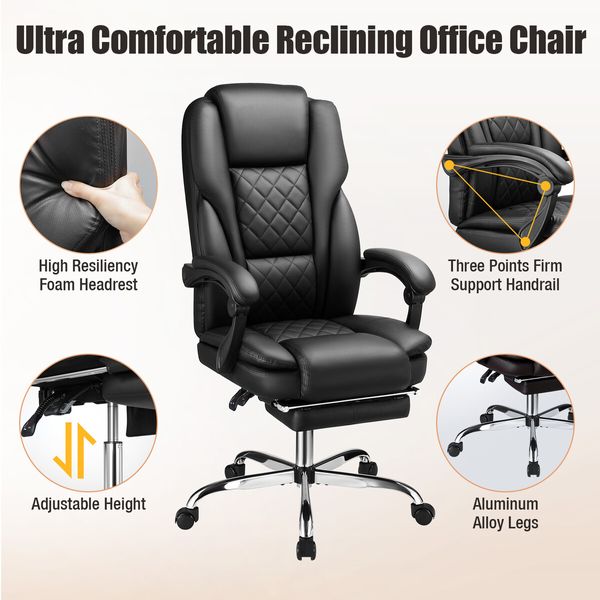 Massage Office Chair Heated Executive Computer Desk PU Leather Work Seat Comfortable Ergonomic Recliner High Back Retractable Footrest Black