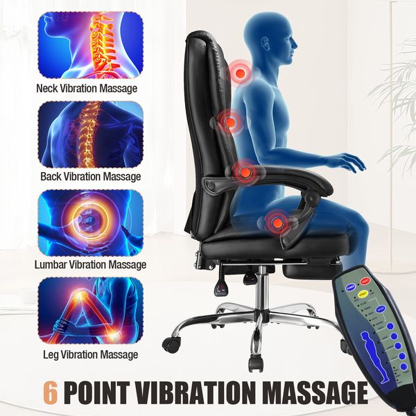 Massage Office Chair Heated Executive Computer Desk PU Leather Work Seat Comfortable Ergonomic Recliner High Back Retractable Footrest Black