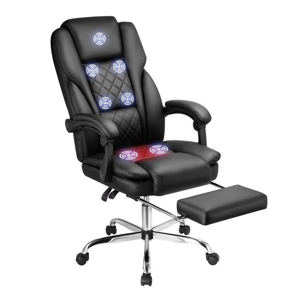 Massage Office Chair Heated Executive Computer Desk PU Leather Work Seat Comfortable Ergonomic Recliner High Back Retractable Footrest Black