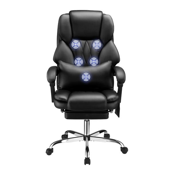 Executive Office Chair Massage Computer Gaming Desk Seat Lumbar Pillow Footrest PU Recliner Comfortable Work Study Armchair Ergonomic Black