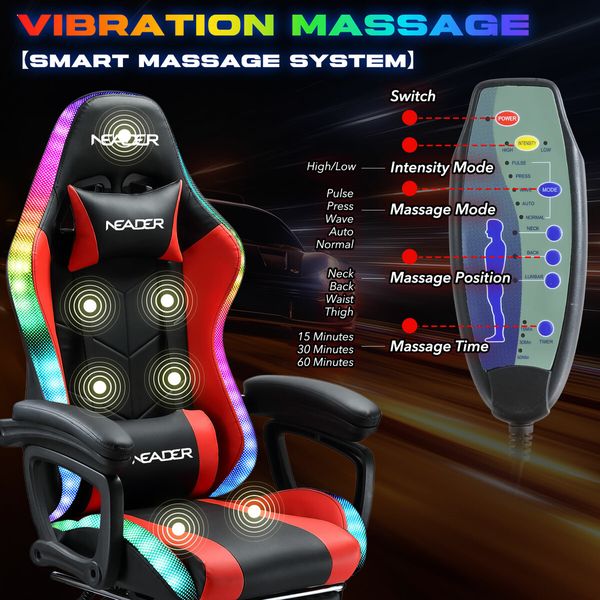 RGB LED Gaming Chair Home Office Massage Computer Racing Desk Executive Armchair High Back Headrest Footrest Lumbar Pillow Seat PU Red