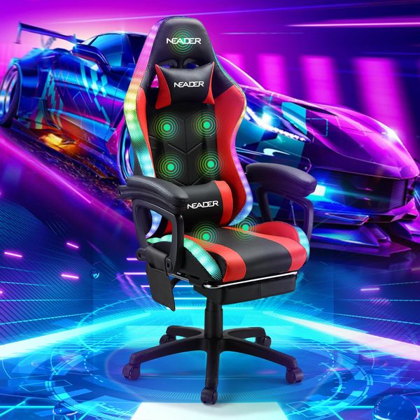 RGB LED Gaming Chair Home Office Massage Computer Racing Desk Executive Armchair High Back Headrest Footrest Lumbar Pillow Seat PU Red