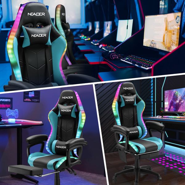 Massage Gaming Chair RGB LED Home Office Computer Racing Desk Executive Armchair High Back Headrest Footrest Lumbar Pillow Seat PU Blue