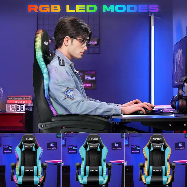 Massage Gaming Chair RGB LED Home Office Computer Racing Desk Executive Armchair High Back Headrest Footrest Lumbar Pillow Seat PU Blue