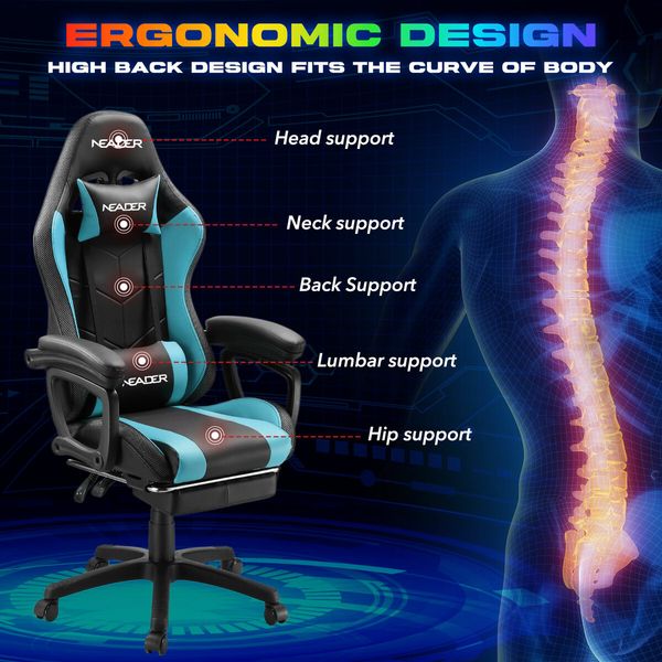 Massage Gaming Chair RGB LED Home Office Computer Racing Desk Executive Armchair High Back Headrest Footrest Lumbar Pillow Seat PU Blue