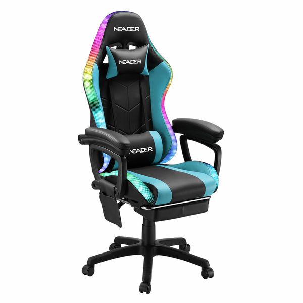 Massage Gaming Chair RGB LED Home Office Computer Racing Desk Executive Armchair High Back Headrest Footrest Lumbar Pillow Seat PU Blue