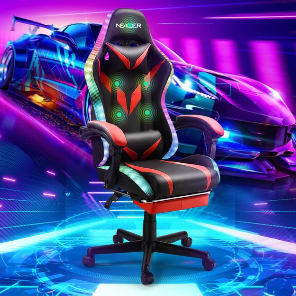 High Back Gaming Chair RGB LED Computer Seat Office Racing Desk Massage Bluetooth Speakers PU Leather Headrest Footrest Work Study Red