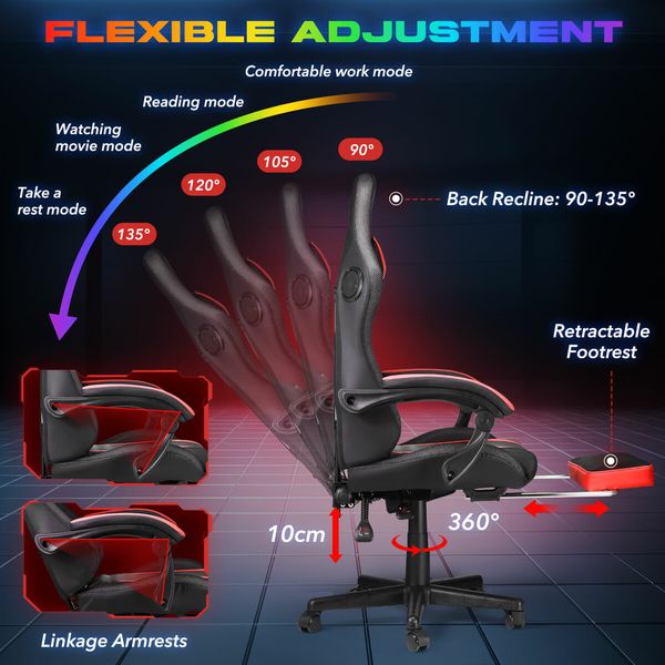 High Back Gaming Chair RGB LED Computer Seat Office Racing Desk Massage Bluetooth Speakers PU Leather Headrest Footrest Work Study Red