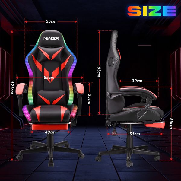 High Back Gaming Chair RGB LED Computer Seat Office Racing Desk Massage Bluetooth Speakers PU Leather Headrest Footrest Work Study Red