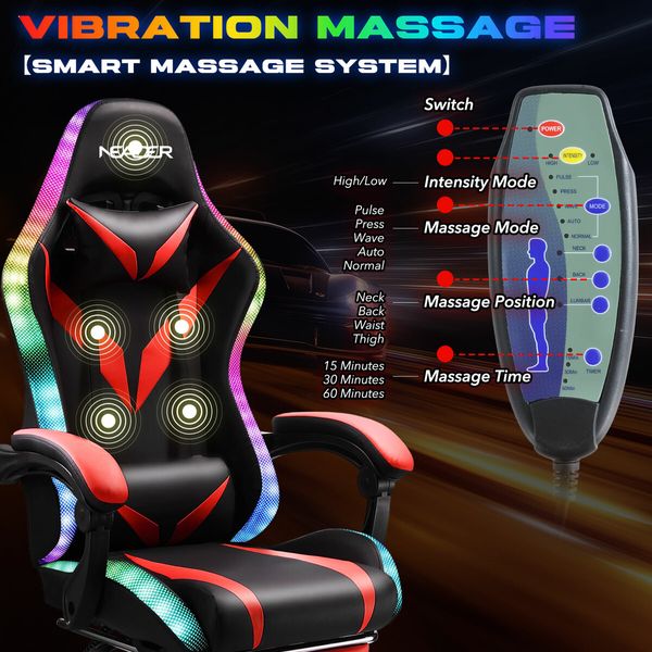 High Back Gaming Chair RGB LED Computer Seat Office Racing Desk Massage Bluetooth Speakers PU Leather Headrest Footrest Work Study Red