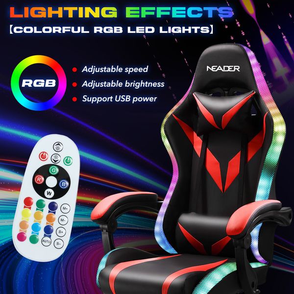 High Back Gaming Chair RGB LED Computer Seat Office Racing Desk Massage Bluetooth Speakers PU Leather Headrest Footrest Work Study Red