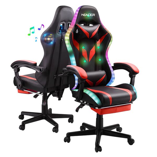 High Back Gaming Chair RGB LED Computer Seat Office Racing Desk Massage Bluetooth Speakers PU Leather Headrest Footrest Work Study Red