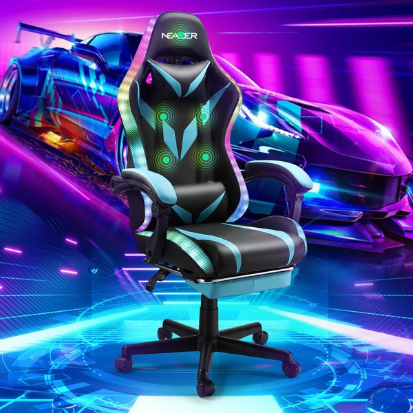 RGB LED Gaming Chair Home Office Computer Racing Desk Massage Seat Bluetooth Speaker PU Leather High Back Recliner Headrest Footrest Black