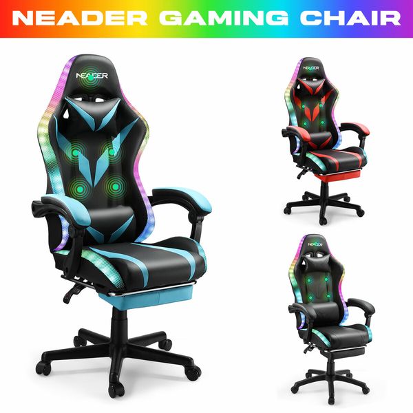 RGB LED Gaming Chair Home Office Computer Racing Desk Massage Seat Bluetooth Speaker PU Leather High Back Recliner Headrest Footrest Black