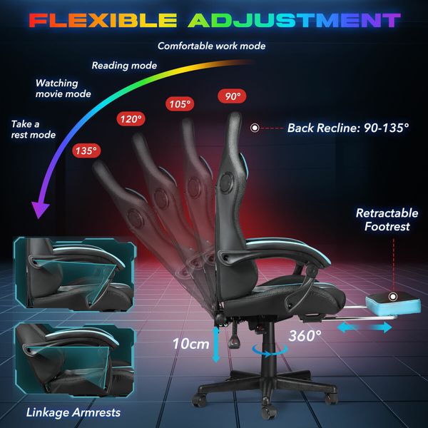 RGB LED Gaming Chair Home Office Computer Racing Desk Massage Seat Bluetooth Speaker PU Leather High Back Recliner Headrest Footrest Black