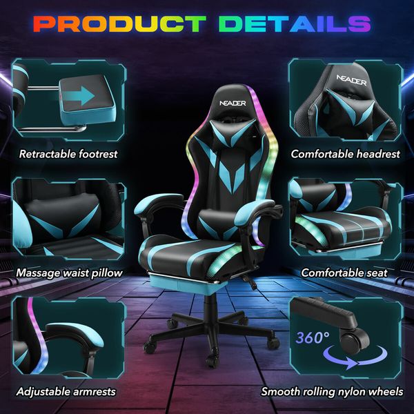 RGB LED Gaming Chair Home Office Computer Racing Desk Massage Seat Bluetooth Speaker PU Leather High Back Recliner Headrest Footrest Black