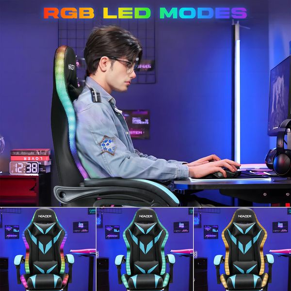 RGB LED Gaming Chair Home Office Computer Racing Desk Massage Seat Bluetooth Speaker PU Leather High Back Recliner Headrest Footrest Black