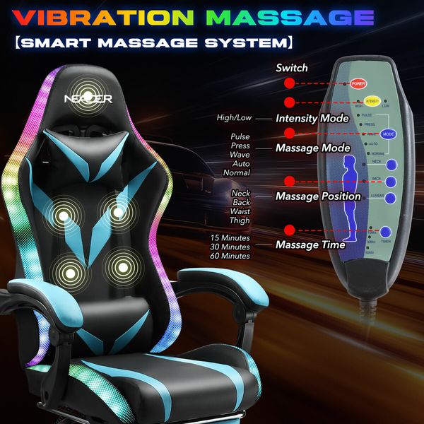 RGB LED Gaming Chair Home Office Computer Racing Desk Massage Seat Bluetooth Speaker PU Leather High Back Recliner Headrest Footrest Black