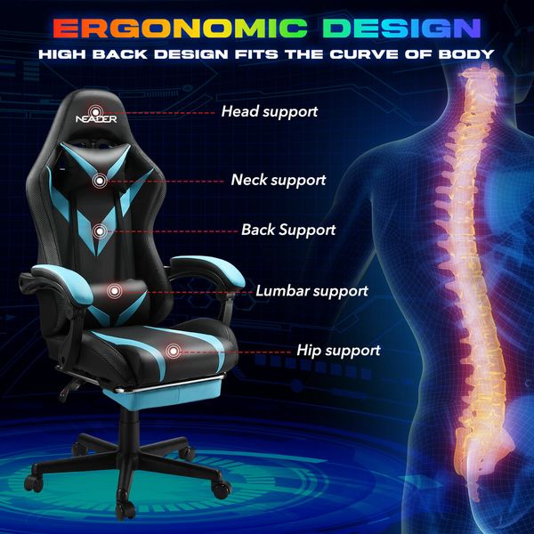 RGB LED Gaming Chair Home Office Computer Racing Desk Massage Seat Bluetooth Speaker PU Leather High Back Recliner Headrest Footrest Black