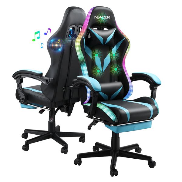 RGB LED Gaming Chair Home Office Computer Racing Desk Massage Seat Bluetooth Speaker PU Leather High Back Recliner Headrest Footrest Black