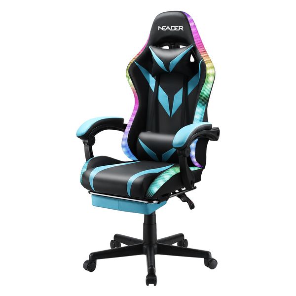 RGB LED Gaming Chair Home Office Computer Racing Desk Massage Seat Bluetooth Speaker PU Leather High Back Recliner Headrest Footrest Black