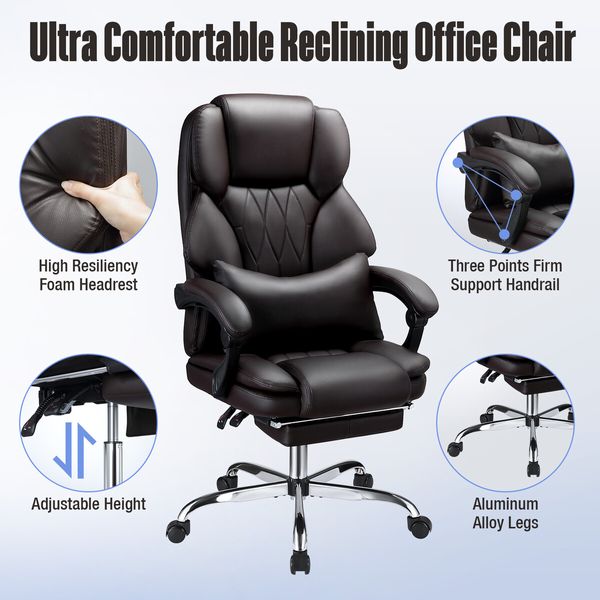 Executive Office Chair Computer Gaming Desk Seat Lumbar Massage Pillow Footrest PU Recliner Comfortable Work Study Armchair Ergonomic Grey