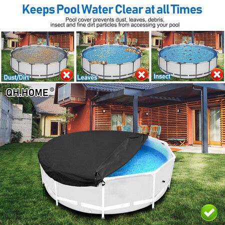 10FT Round Winter Pool Cover, 500D Tear Resistant Solar Pool Covers for Above Ground Pools, Fade Resistant Pool Cover with Windproof Strap, Drawstring, Ground Nails, 300CM ,Black