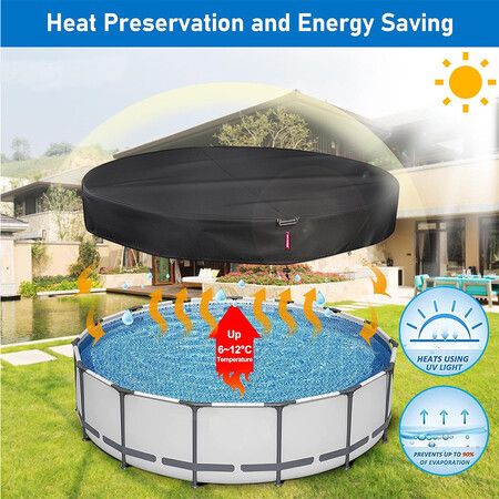 10FT Round Winter Pool Cover, 500D Tear Resistant Solar Pool Covers for Above Ground Pools, Fade Resistant Pool Cover with Windproof Strap, Drawstring, Ground Nails, 300CM ,Black