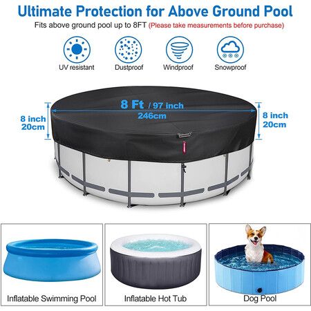 8FT Round Winter Pool Cover, 500D Tear Resistant Solar Pool Covers for Above Ground Pools, Fade Resistant Pool Cover with Windproof Strap, Drawstring, Ground Nails, 240CM ,Black