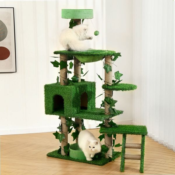 140cm Cat Tree Tower Kitty Sisal Scratching Post Scratcher House Stand Cave Hammock Activity Centre Artificial Grass Condo Furniture Multi Levels