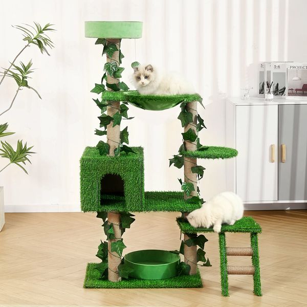 140cm Cat Tree Tower Kitty Sisal Scratching Post Scratcher House Stand Cave Hammock Activity Centre Artificial Grass Condo Furniture Multi Levels