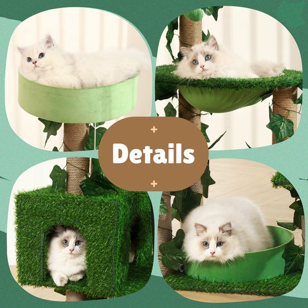 140cm Cat Tree Tower Kitty Sisal Scratching Post Scratcher House Stand Cave Hammock Activity Centre Artificial Grass Condo Furniture Multi Levels