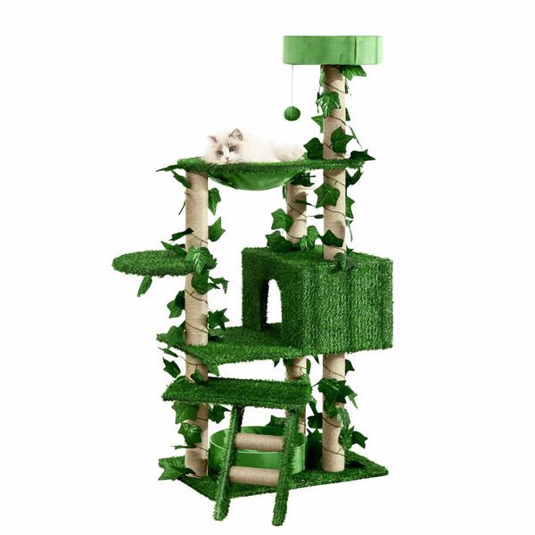 140cm Cat Tree Tower Kitty Sisal Scratching Post Scratcher House Stand Cave Hammock Activity Centre Artificial Grass Condo Furniture Multi Levels