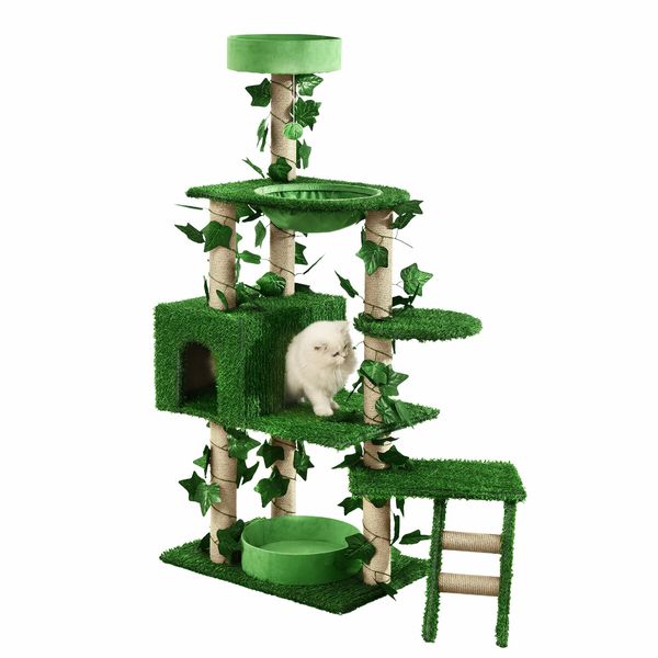 140cm Cat Tree Tower Kitty Sisal Scratching Post Scratcher House Stand Cave Hammock Activity Centre Artificial Grass Condo Furniture Multi Levels