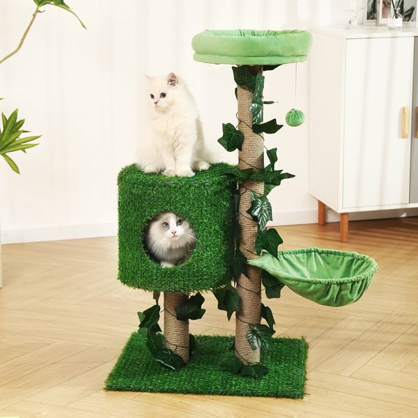 90cm Cat Tree Tower Kitten Sisal Scratching Post House Stand Activity Centre Cave Scratcher Condo Artificial Grass Gym Furniture Hammock Perch