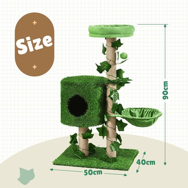 90cm Cat Tree Tower Kitten Sisal Scratching Post House Stand Activity Centre Cave Scratcher Condo Artificial Grass Gym Furniture Hammock Perch