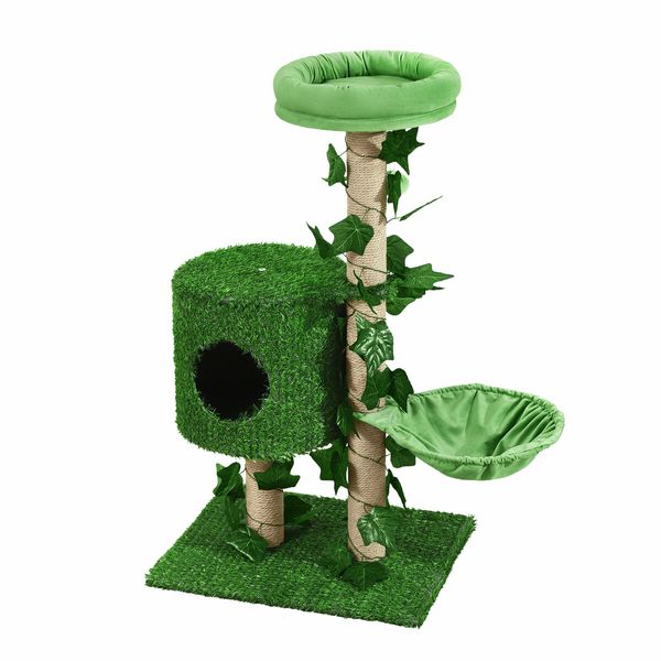 90cm Cat Tree Tower Kitten Sisal Scratching Post House Stand Activity Centre Cave Scratcher Condo Artificial Grass Gym Furniture Hammock Perch