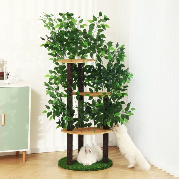 150cm Cat Tree Tower Kitten Scratching Post Play House Stand Activity Centre Scratcher Furniture Climbing Frame Platform Artificial Grass Leaves