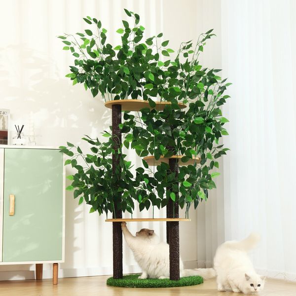 150cm Cat Tree Tower Kitten Scratching Post Play House Stand Activity Centre Scratcher Furniture Climbing Frame Platform Artificial Grass Leaves