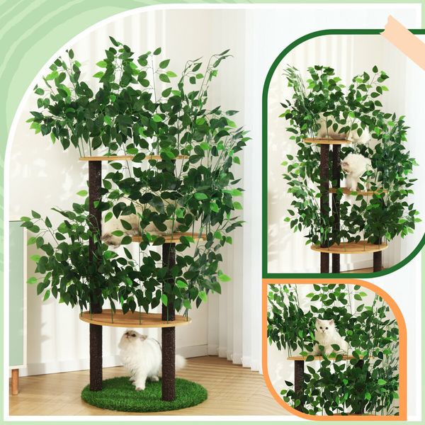 150cm Cat Tree Tower Kitten Scratching Post Play House Stand Activity Centre Scratcher Furniture Climbing Frame Platform Artificial Grass Leaves