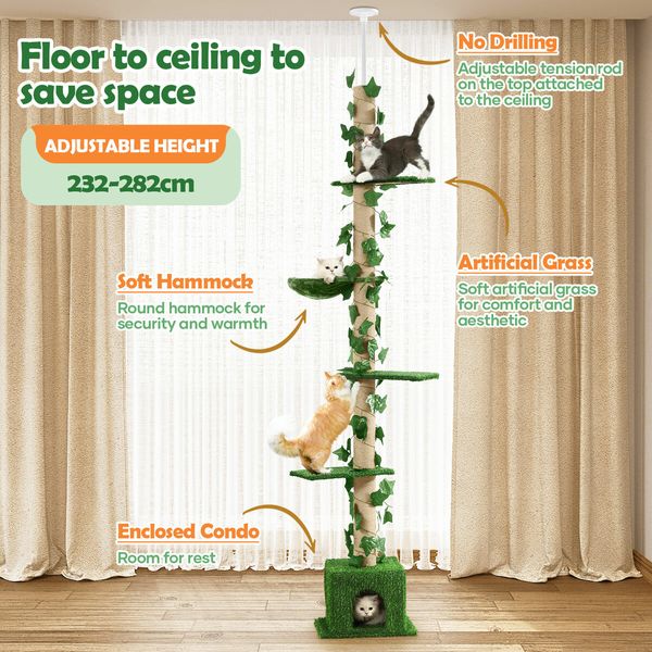 5 Level Cat Tree Tower Sisal Scratching Post Stand Furniture Scratcher Cave Activity Centre Condo Hammock Gym Platform Floor to Ceiling 232cm to 282cm