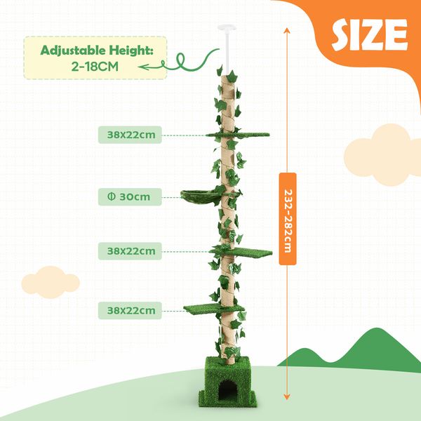 5 Level Cat Tree Tower Sisal Scratching Post Stand Furniture Scratcher Cave Activity Centre Condo Hammock Gym Platform Floor to Ceiling 232cm to 282cm