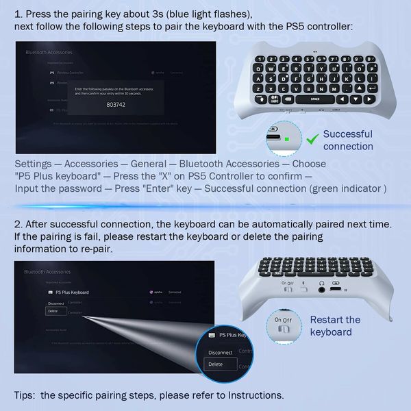 Keyboard for PS5 Controller with Green Backlight,Bluetooth Wireless Mini Keypad Chatpad for Playstation 5,Built-in Speaker & 3.5mm Audio Jack for PS5 Controller Accessories (White)