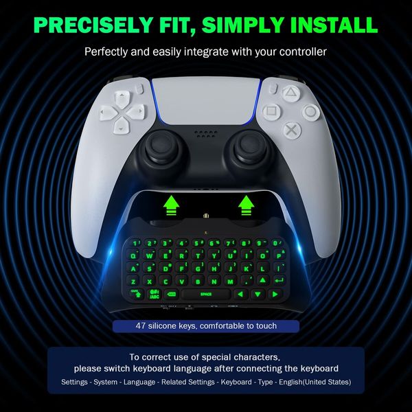 Keyboard for PS5 Controller with Green Backlight,Bluetooth Wireless Mini Keypad Chatpad for Playstation 5,Built-in Speaker & 3.5mm Audio Jack for PS5 Controller Accessories (Black)