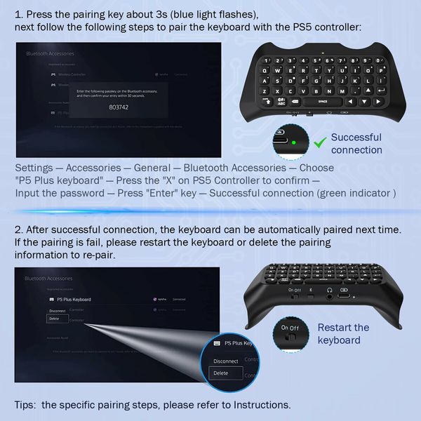 Keyboard for PS5 Controller with Green Backlight,Bluetooth Wireless Mini Keypad Chatpad for Playstation 5,Built-in Speaker & 3.5mm Audio Jack for PS5 Controller Accessories (Black)